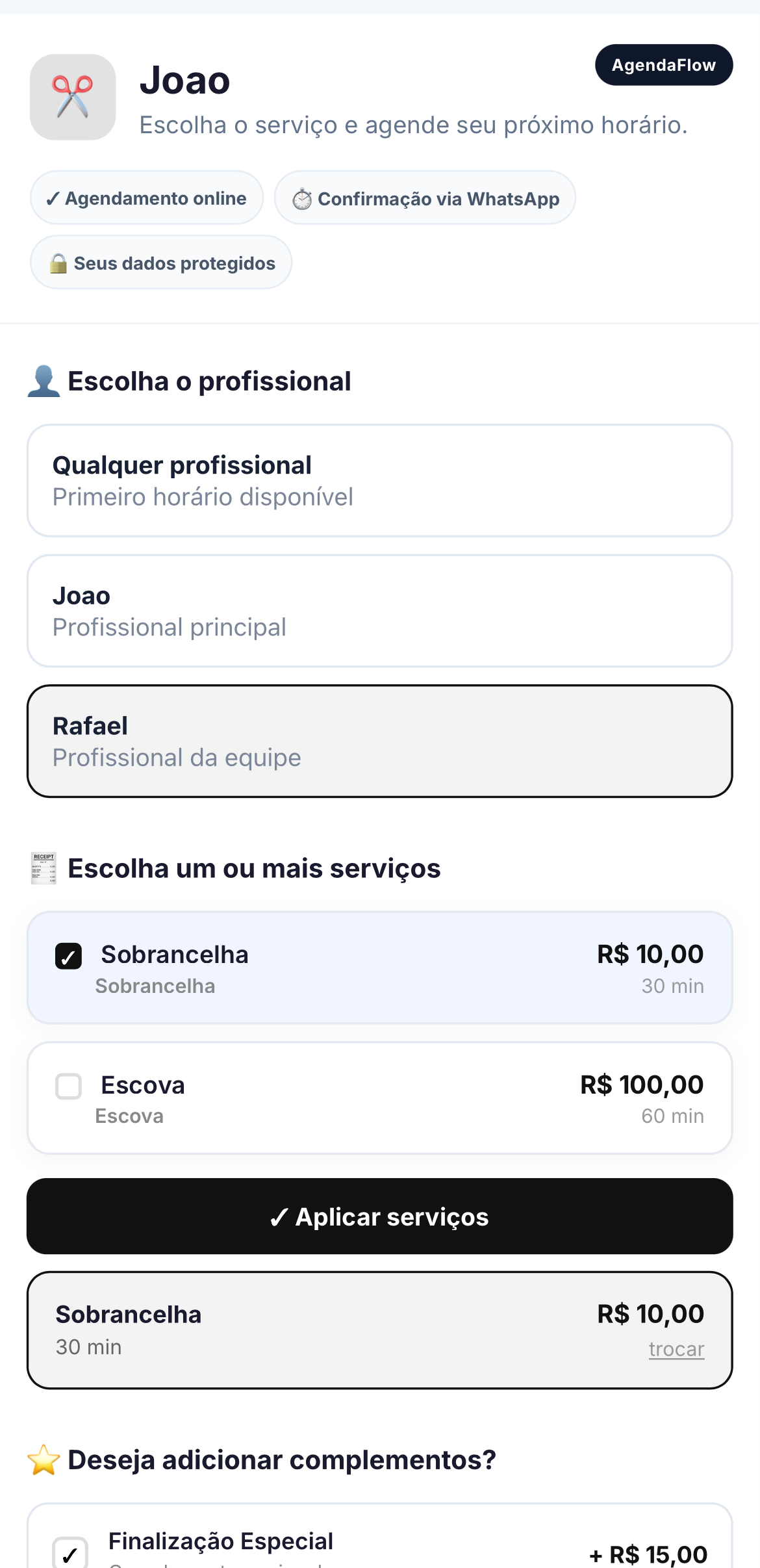 Página pública de agendamento do AgendaFlow para clínicas, com escolha de consulta, profissional, data e horário