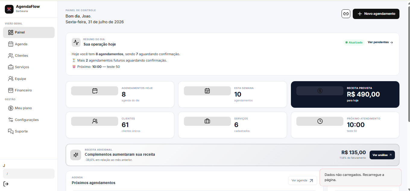 Dashboard do AgendaFlow para clínicas, mostrando a agenda do dia e os próximos atendimentos